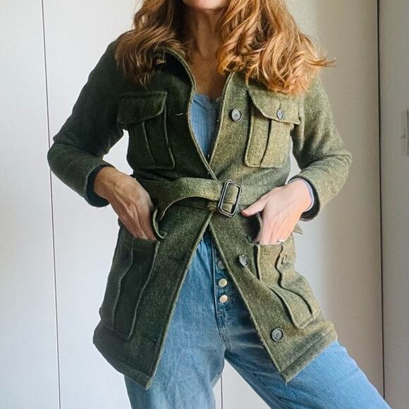 Vintage Wool Military Style Womens Olive Green Coat SZ XS Belted Gopcore Utility - Picture 9 of 11